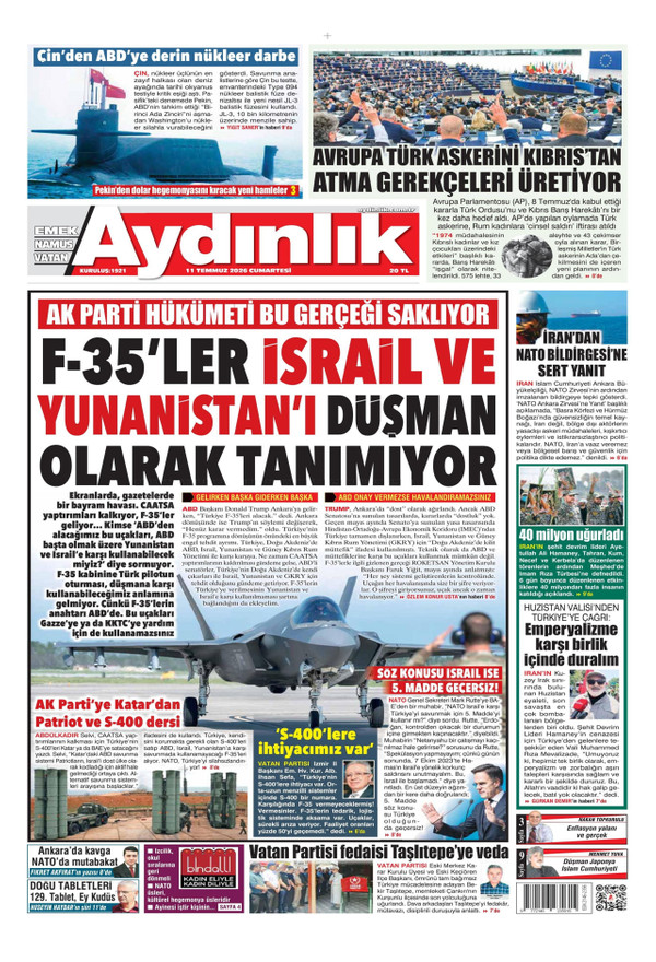 Aydınlık Gazetesi gazetesi ön sayfası
