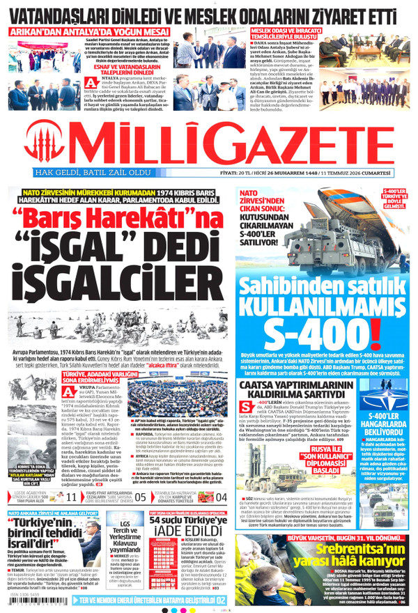 Milli Gazete gazetesi ön sayfası