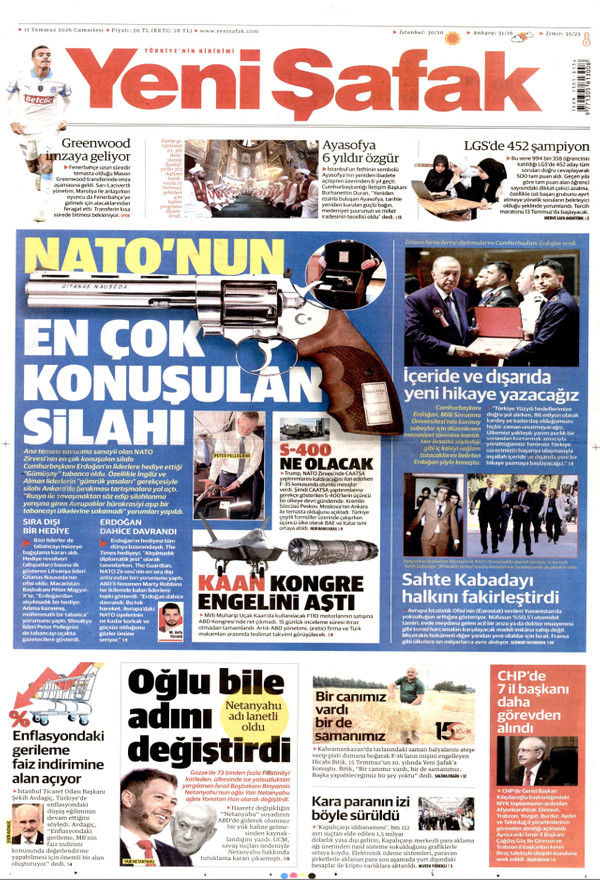 Yeni Şafak gazetesi ön sayfası