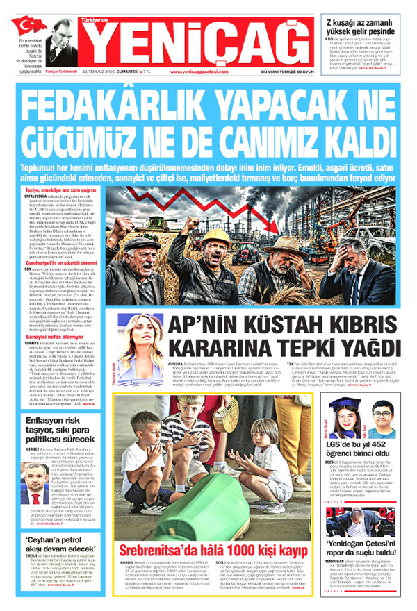 Yeniçağ gazetesi ön sayfası
