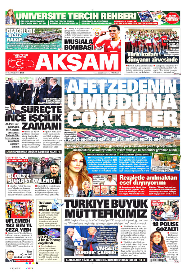 Akşam gazetesi ön sayfası