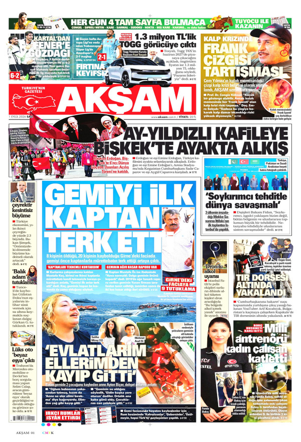 Akşam gazetesi ön sayfası
