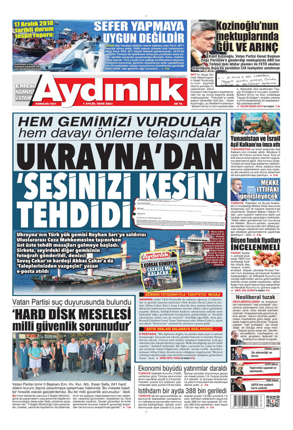 Aydınlık Gazetesi gazetesi ön sayfası