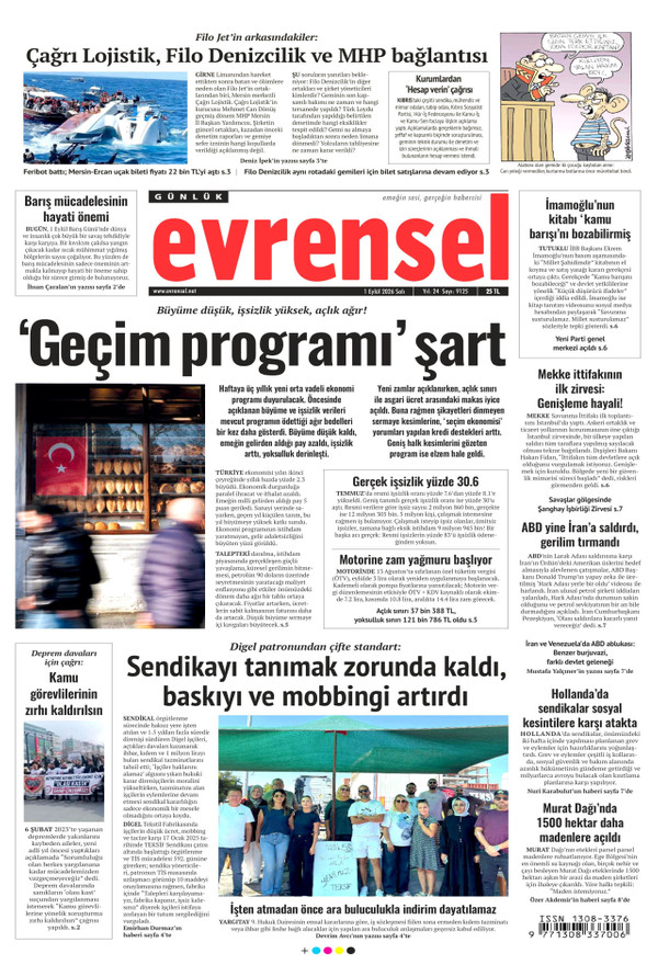 Evrensel gazetesi ön sayfası