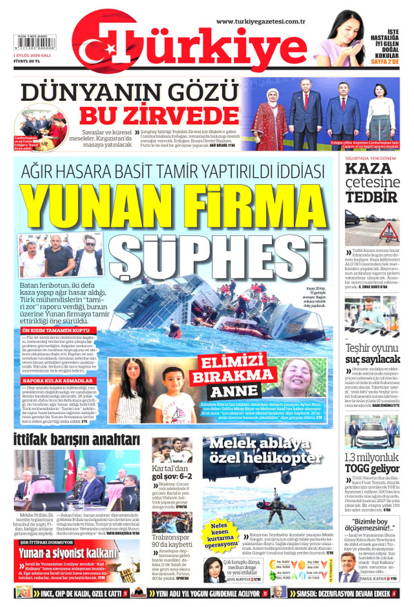 Türkiye Gazetesi gazetesi ön sayfası