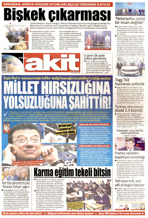 Yeni Akit gazetesi ön sayfası