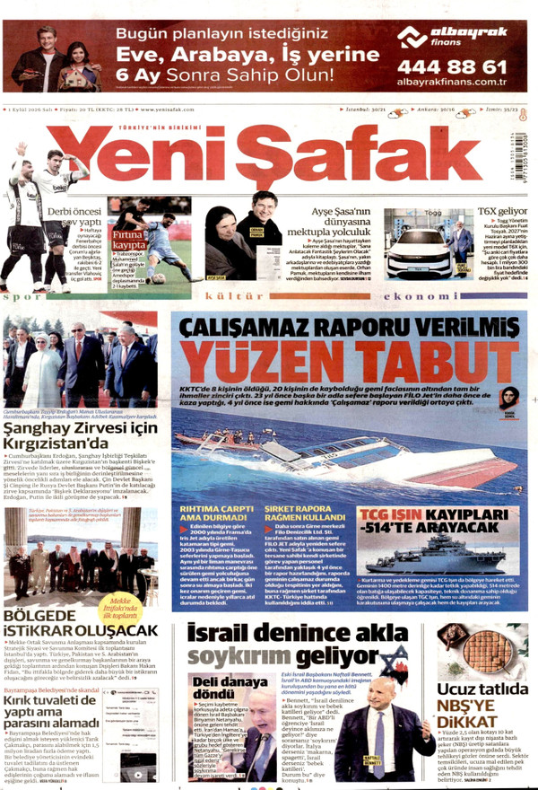 Yeni Şafak gazetesi ön sayfası
