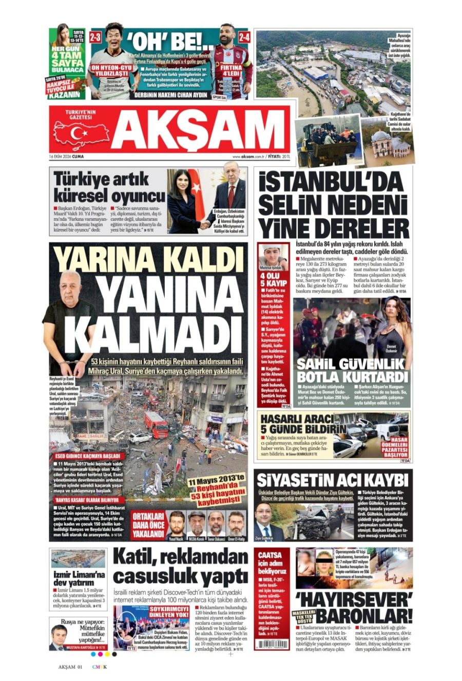 Akşam gazetesi ön sayfası