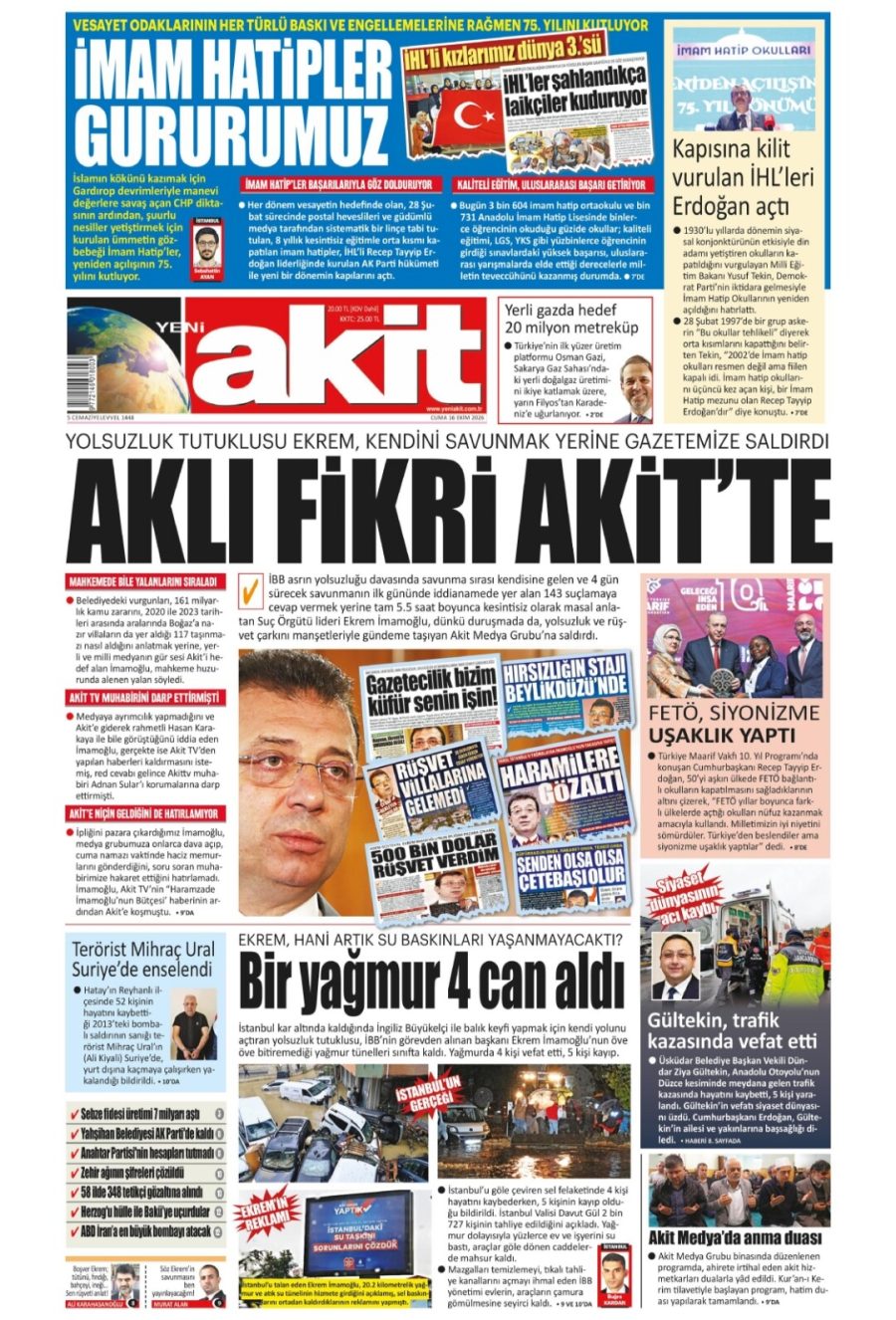 Yeni Akit gazetesi ön sayfası