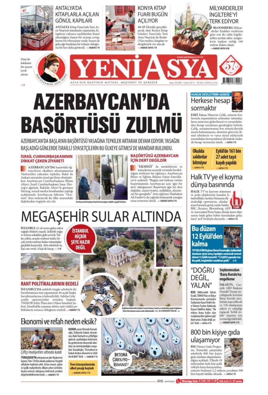 Yeni Asya gazetesi ön sayfası