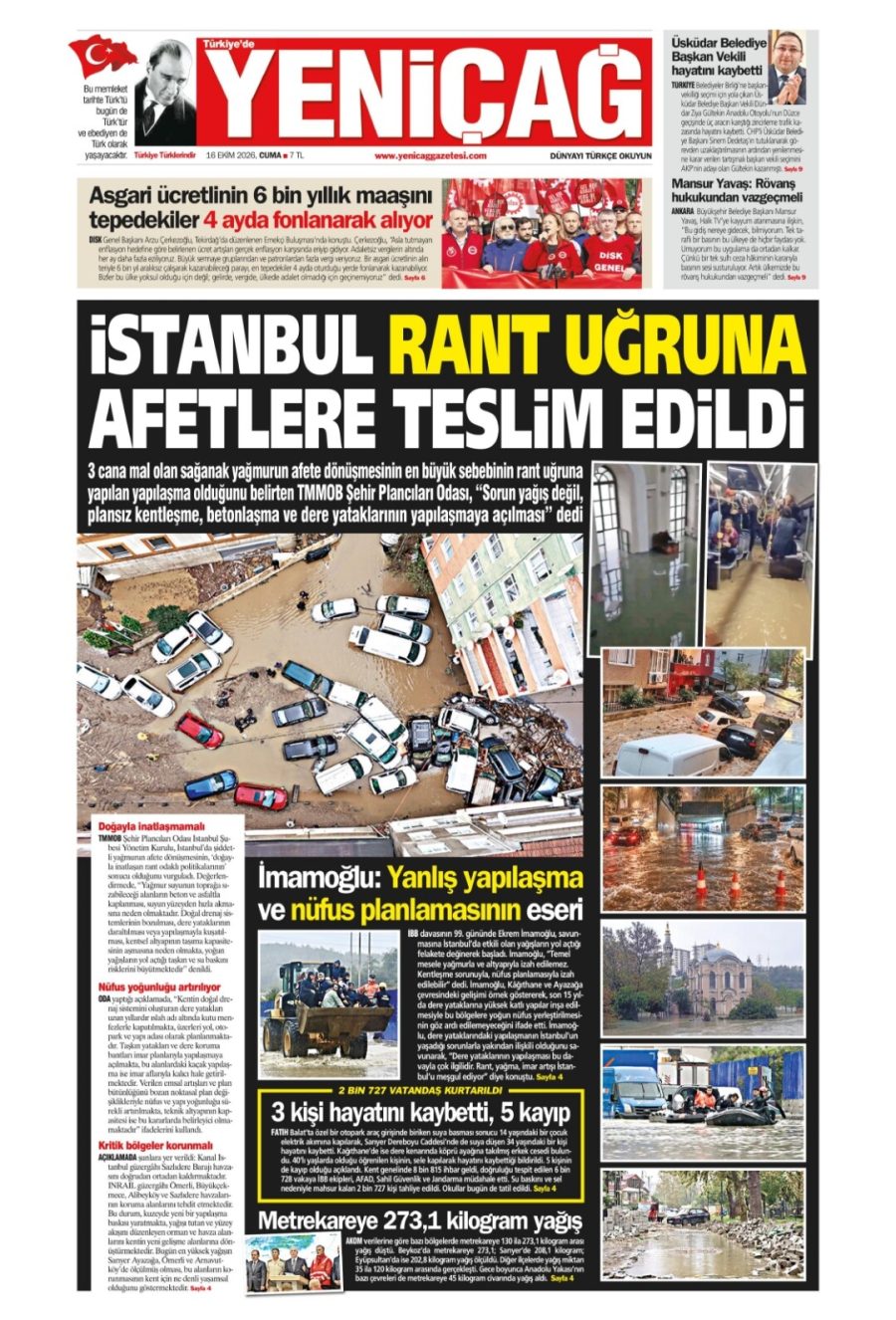 Yeni Çağ gazetesi ön sayfası