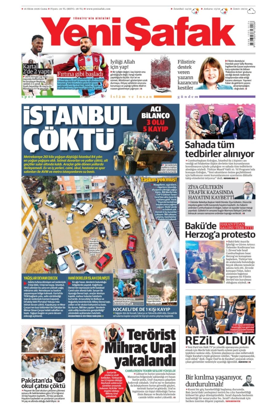 Yeni Şafak gazetesi ön sayfası