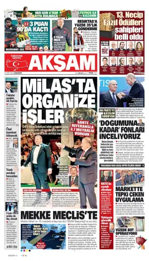 Akşam gazetesi ön sayfası