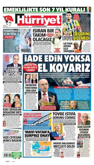 Hürriyet gazetesi ön sayfası