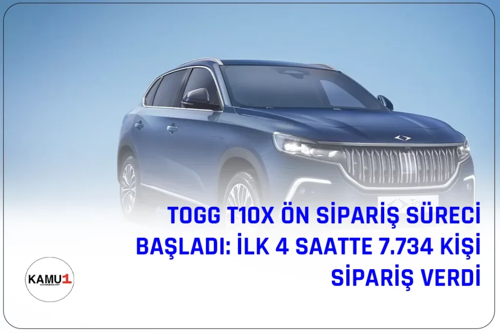 Türkiye'nin ilk elektrikli akıllı cihazı Togg T10X için ön sipariş süreci başladı. İlk dört saat içinde 7.734 kişi ön sipariş verdi. Ön sipariş süresi 27 Mart'a kadar sürecek ve ardından 28 Mart'ta noter huzurunda dijital çekiliş yapılacak.