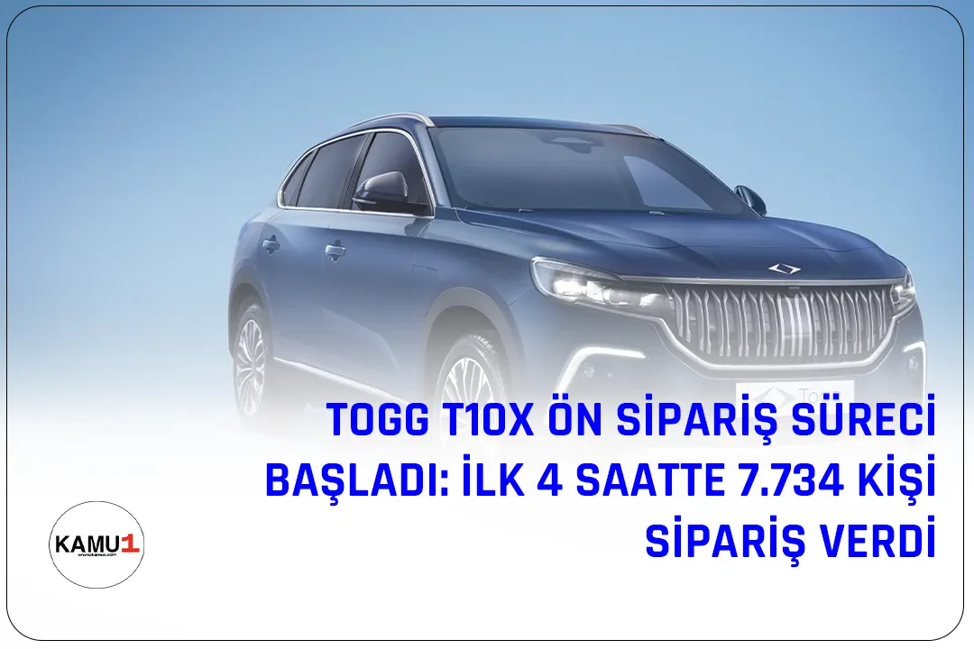 Türkiye'nin ilk elektrikli akıllı cihazı Togg T10X için ön sipariş süreci başladı. İlk dört saat içinde 7.734 kişi ön sipariş verdi. Ön sipariş süresi 27 Mart'a kadar sürecek ve ardından 28 Mart'ta noter huzurunda dijital çekiliş yapılacak.