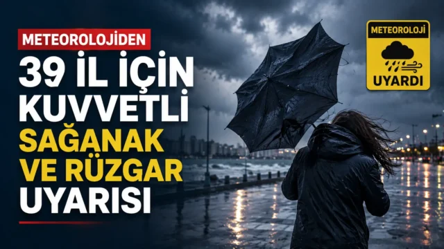 Meteoroloji’nin 39 il için kuvvetli sağanak ve rüzgar uyarısını gösteren hava durumu görüntüsü