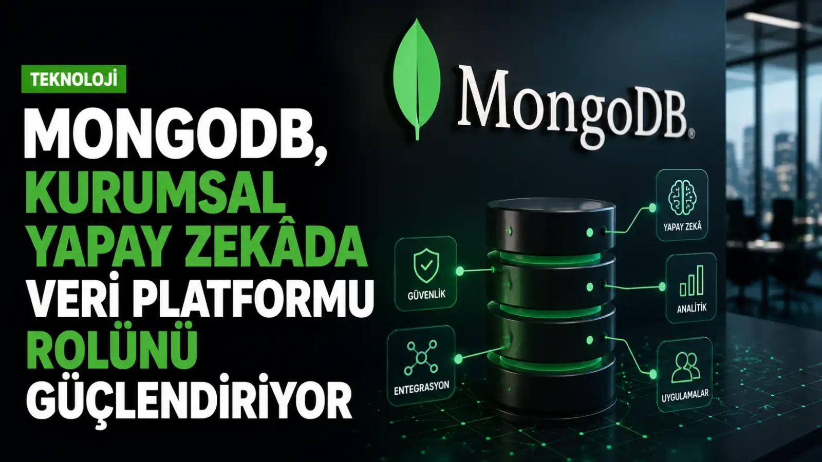 MongoDB logosu ve kurumsal yapay zekâ veri platformu teması