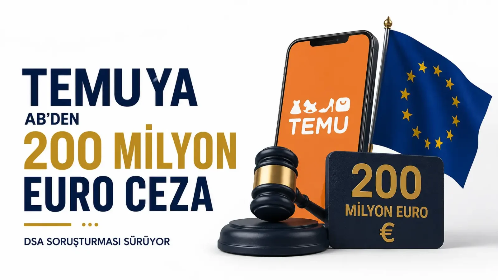 Temu uygulaması ve Avrupa Birliği DSA cezasını simgeleyen teknoloji temalı görsel