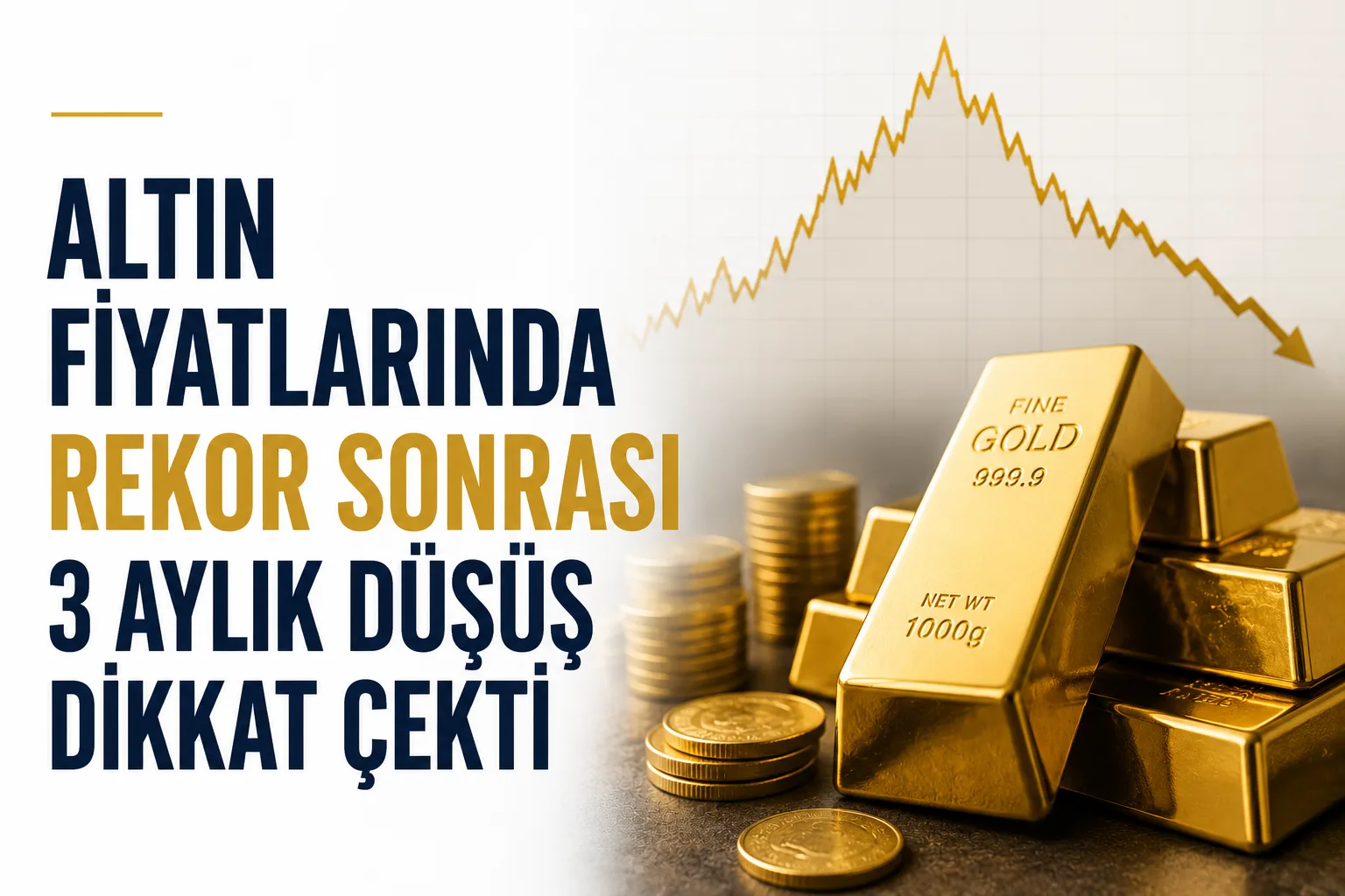 Altın fiyatlarındaki düşüşü gösteren piyasa ekranı ve altın külçeleri