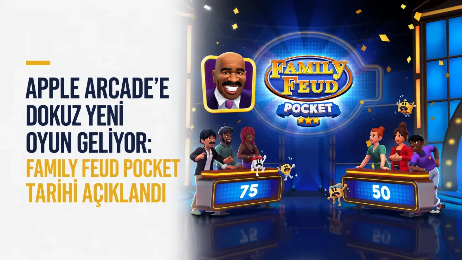 Apple Arcade’e eklenecek yeni oyunları gösteren mobil oyun temalı görsel