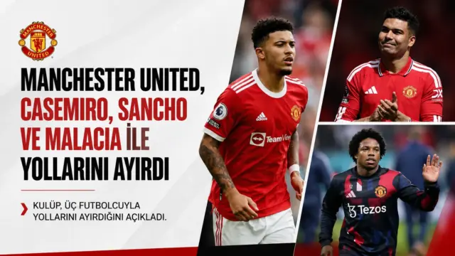 Manchester United formasıyla Casemiro, Jadon Sancho ve Tyrell Malacia