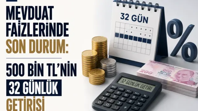 500 bin TL mevduatın 32 günlük getirisini gösteren banka faiz hesaplaması