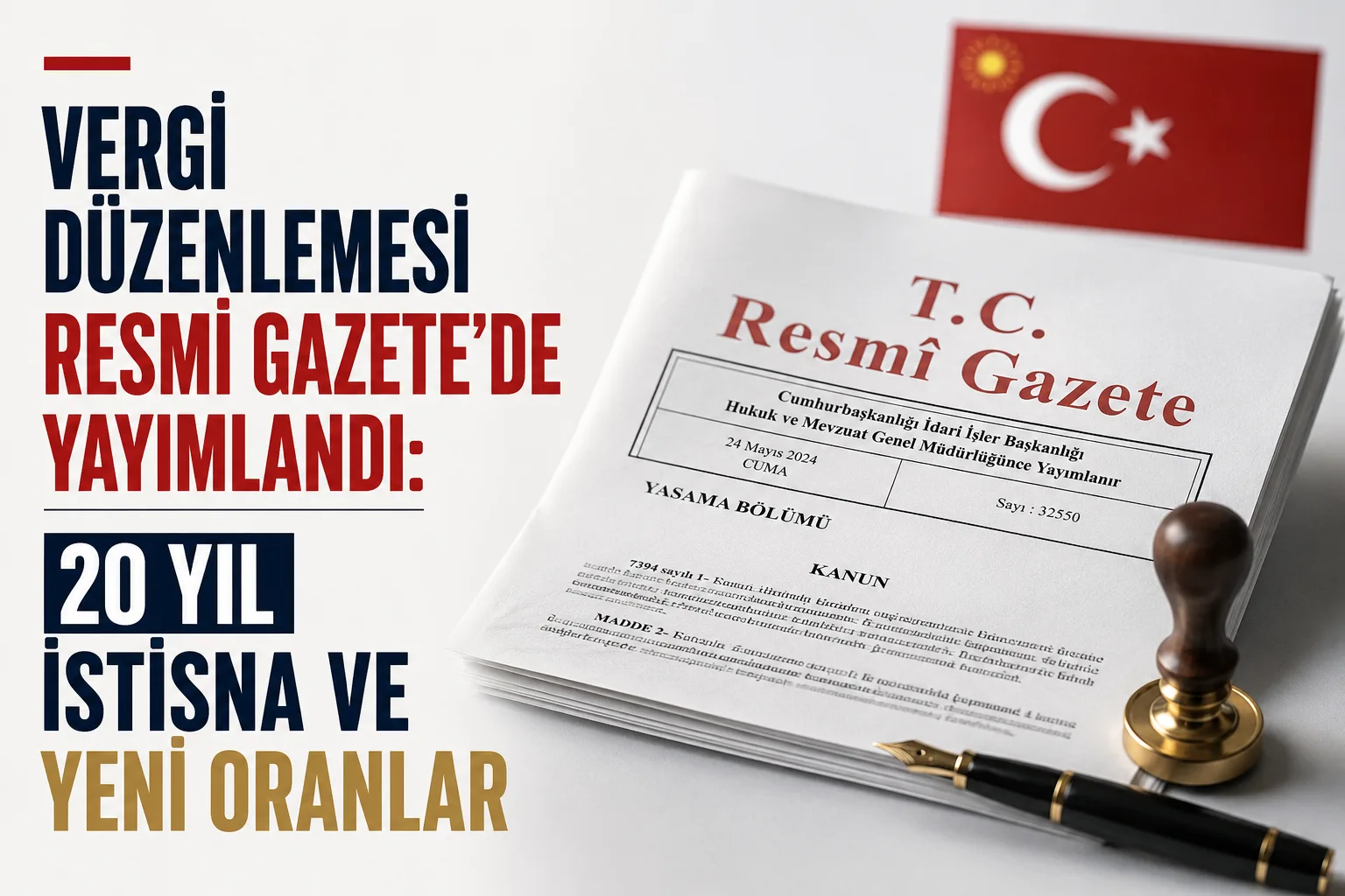Resmi Gazete ve vergi düzenlemesiyle ilgili belge ve kalem görseli