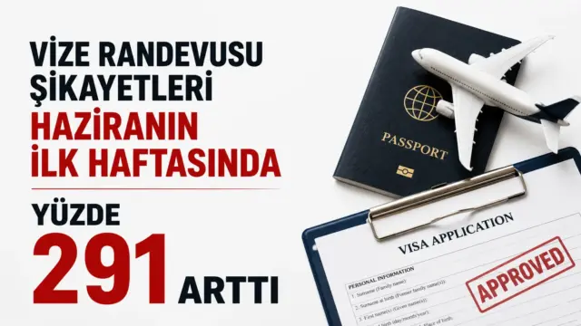 Vize randevusu başvuru ekranı ve artan şikayet sayılarını gösteren konsept görsel