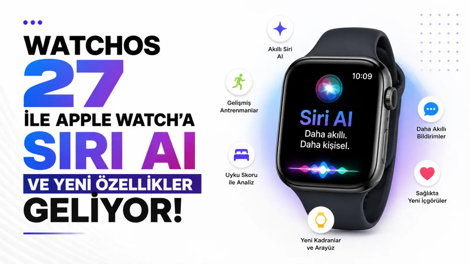Apple Watch için watchOS 27 ve Siri AI yeniliklerini anlatan görsel